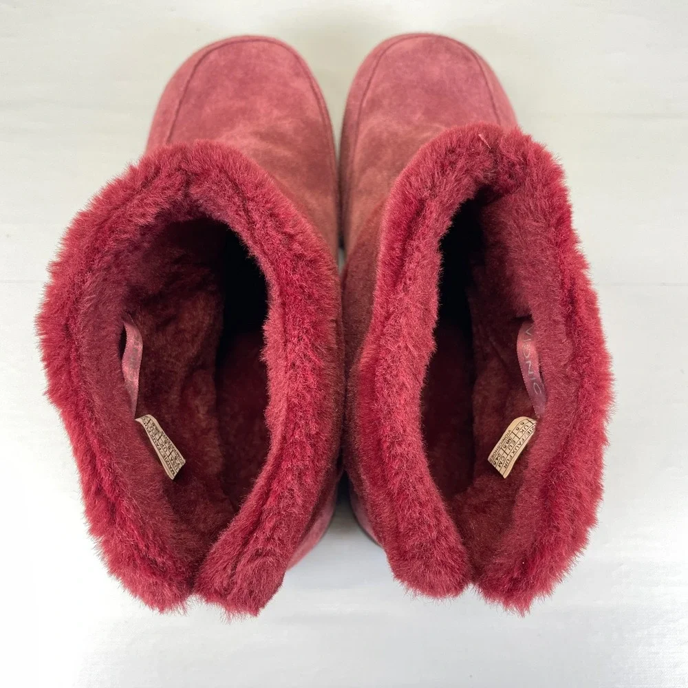 Vionic Maizie Ankle Boots Womens Size 7.5 Red Suede Faux Fur Pull On Shoes